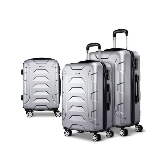 Wanderlite 3pc Luggage Trolley Travel Suitcase Set TSA Hard Case Shell Strap Silver