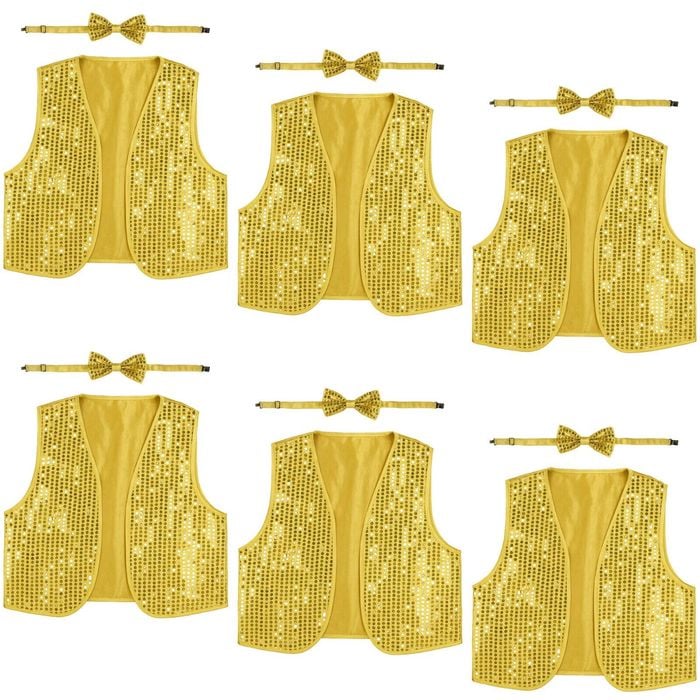 6x Adult Unisex SEQUIN BOW TIE & VEST Dance Costume Party Sparkle Set in Gold/Yellow - Gold | China