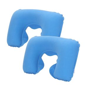 Catzon 2 Pcs Inflatable U-Shaped Pillow Flocked Fabric-Sky Blue