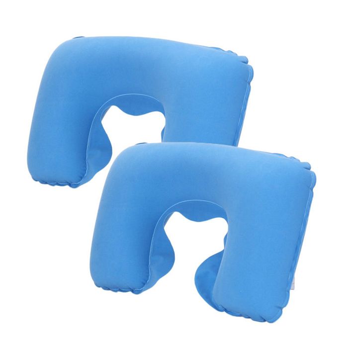 Catzon 2 Pcs Inflatable U-Shaped Pillow Flocked Fabric-Sky Blue