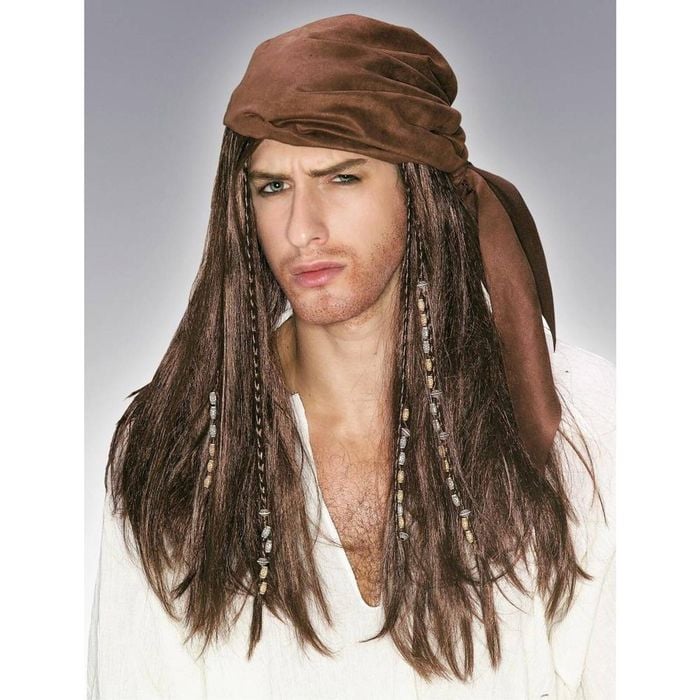 Caribbean Pirate Wig for Adults, Long Brown Plaited Halloween Costume Accessory with Scarf, ADULT