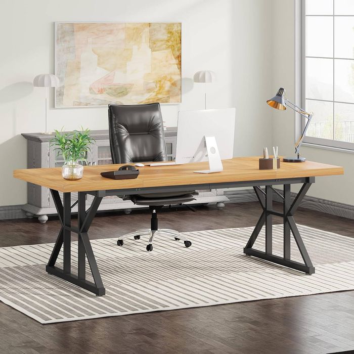 OAKORY 180cm Office Desk with Light Walnut Top and Black X Frame