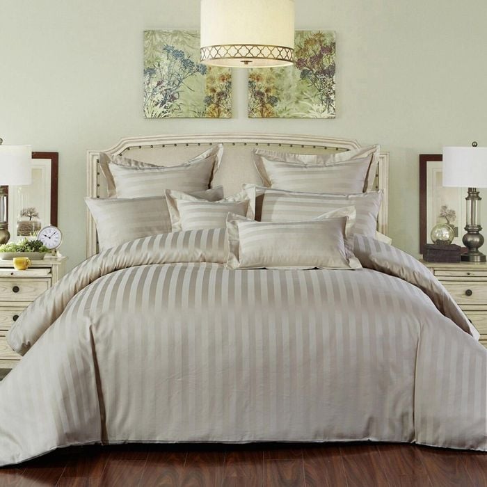 CottonMore 100% Cotton Beige Striped Duvet Cover Set - King