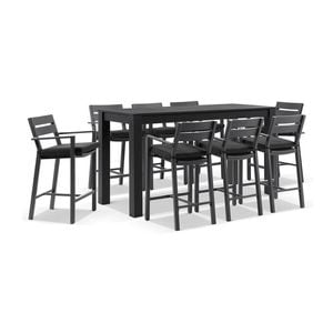 Santorini Outdoor Aluminium 2m Bar Table Charcoal With 8 Stools & Denim Grey Cushions