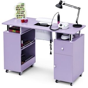 Ufurniture Nail Desk, Manicure Table w/Dust Collector Wrist Rest Lockable Wheels Adjustable Shelf Purple