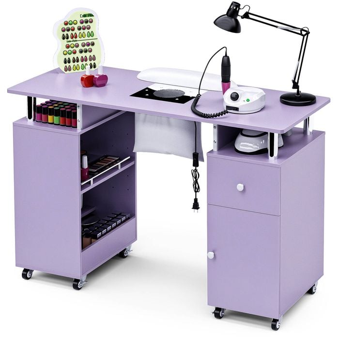 Ufurniture Nail Desk, Manicure Table w/Dust Collector Wrist Rest Lockable Wheels Adjustable Shelf Purple