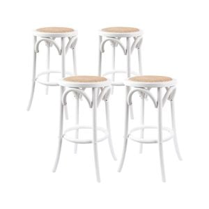 Aster 4pc Round Bar Stools Dining Stool Chair Solid Birch Wood Rattan Seat White