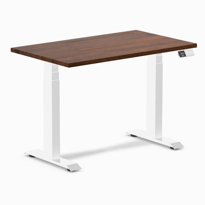 Desky Dual Mini Red Walnut Rubberwood Sit to Stand Desk 1000x600mm White Frame