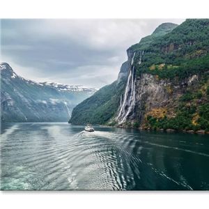 Waterfall On a Fjord & Mountain  Print 100% Australian Made 120 x 90cm  (Stretched)