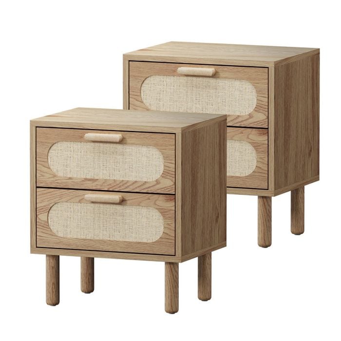 Oikiture Set Of 2 Bedside Table 2 Drawers Rattan Natural