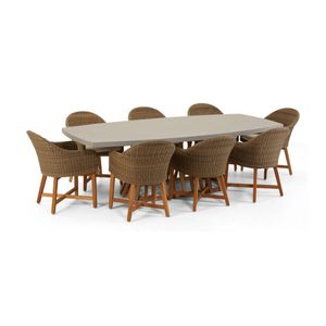 Waverley 2.6m Outdoor Concrete Look Dining Set Brushed Wheat With 8 Coastal Wicker Chairs & Cream Cushions