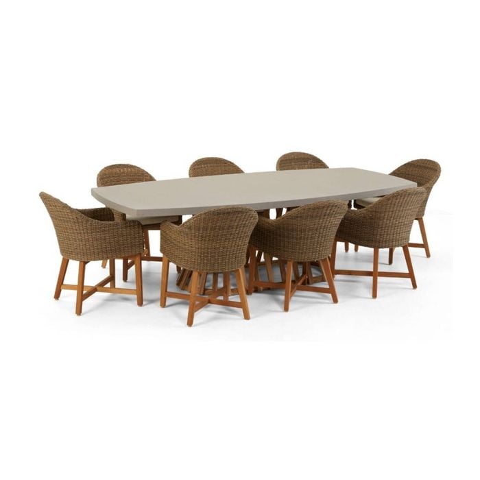 Waverley 2.6m Outdoor Concrete Look Dining Set Brushed Wheat With 8 Coastal Wicker Chairs & Cream Cushions