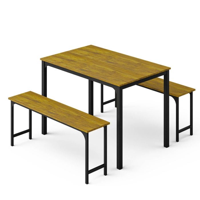Ufurniture 3 Pcs Dining Table & Chair Set 4-Seater Space-Saving Dining Furniture Set with 2 Benches Walnut