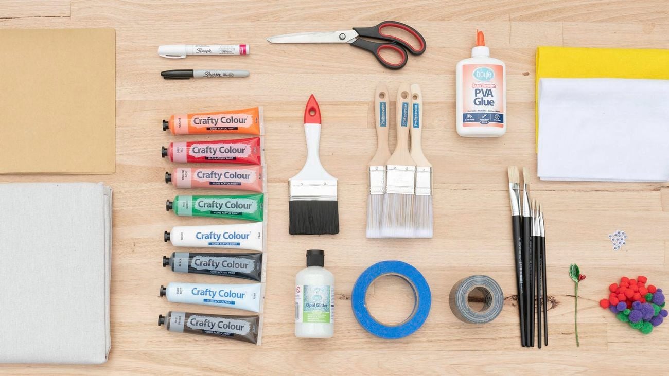 Tools & materials required to make a paint brush Christmas decoration