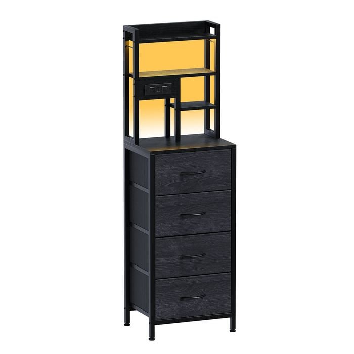 Advwin Tall Bedside Table with Led Lights & Charging Station, Nightstand with 4 Drawers Black