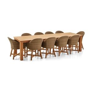 Barbados Outdoor Teak 3m Rectangle Dining Table Brushed Wheat With 10 Coastal Wicker Chairs & Cream Cushions