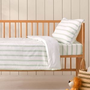 Dreamaker Baby Bask Washed Cotton Yarn Dyed Stripe Quilt Cover Set Sage Cot