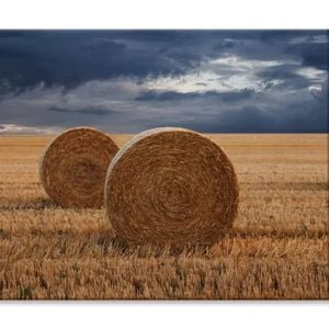 Straw Bales in A Field at Sunset  Print 100% Australian Made 75 x 50cm  (Stretched)