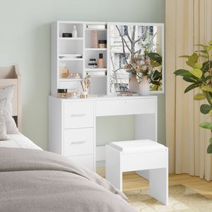 Advwin Dressing Table Set with Slide Mirror and Stool Vanity Desk Hiden Storage 5 Drawers White