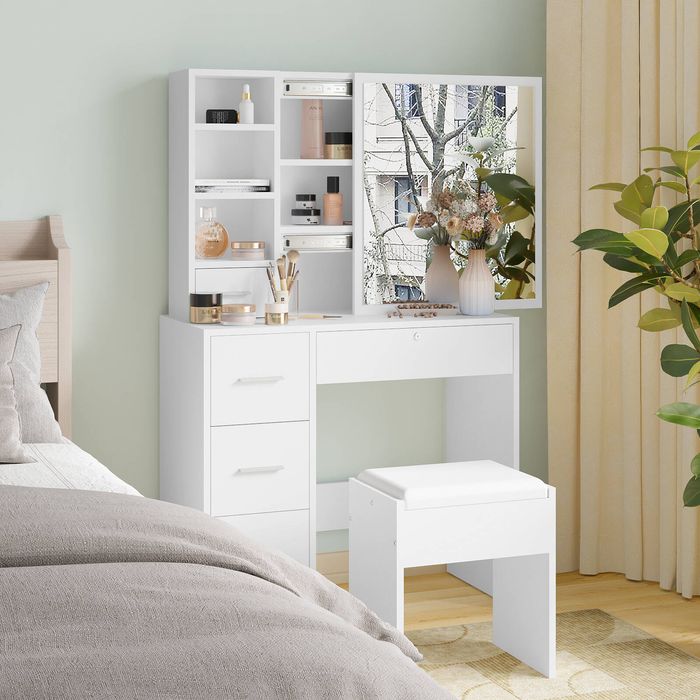 Advwin Dressing Table Set with Slide Mirror and Stool Vanity Desk Hiden Storage 5 Drawers White