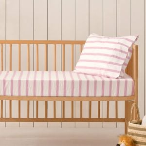 Dreamaker Baby Bask Washed Cotton Yarn Dyed Stripe Fitted Sheet Set Pink Pearl Large Cot