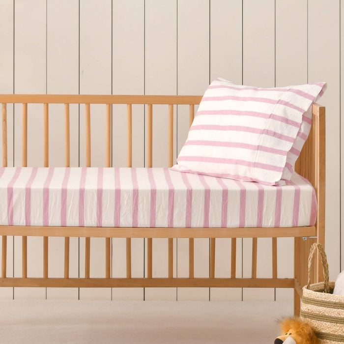 Dreamaker Baby Bask Washed Cotton Yarn Dyed Stripe Fitted Sheet Set Pink Pearl Large Cot