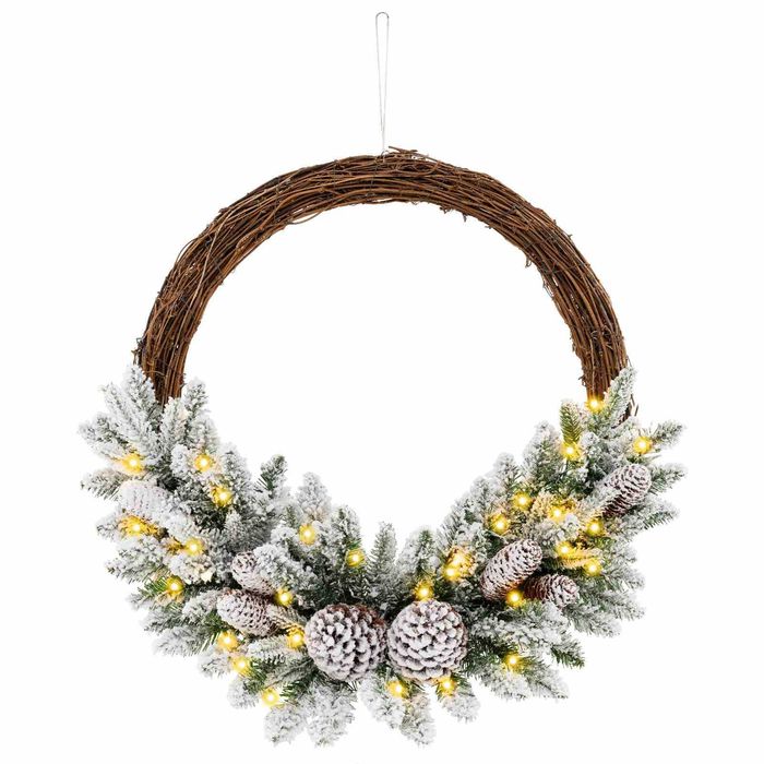 Costway Snow Flocked Artificial Christmas Hoop Wreath Battery-operated Front Door Wall