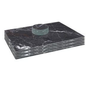 12pc Glass Placemats & Round Coasters Set - 40 x 30cm - Black Marble Effect - Dining Table Protection Place Mats Coasters