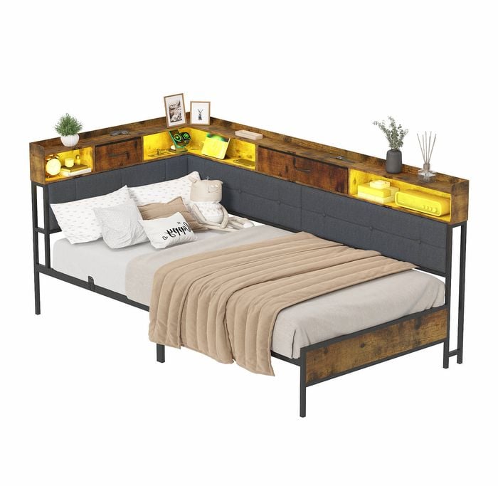 Advwin Single Corner Bed Frame with RGB LED and Charging Station