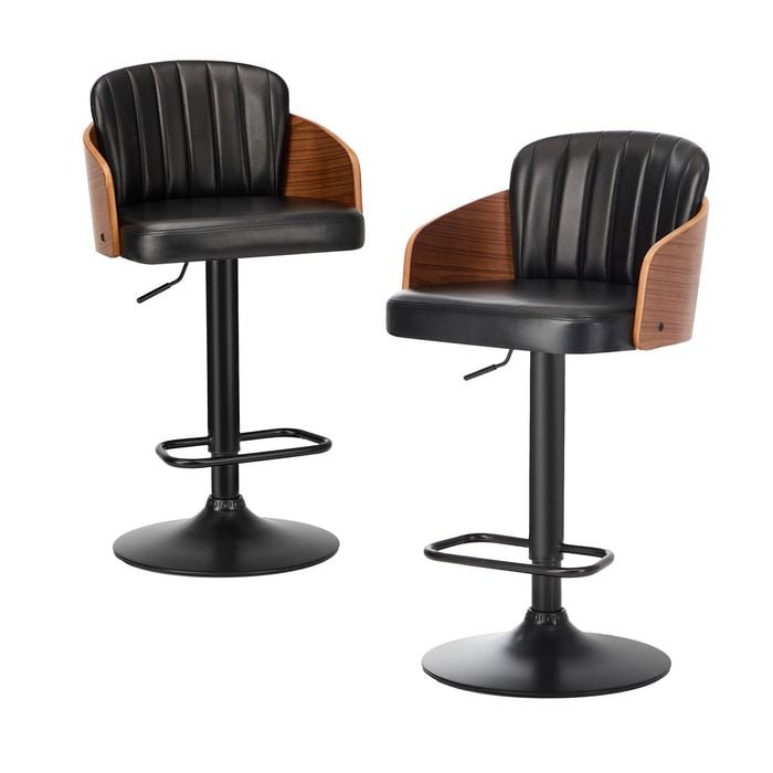 Oikiture 2x Bar Stools Swivel Gas Lift Leather Retro Black OMA