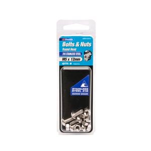 Zenith Bolt & Nut Round M 5x 12mm SS316 6pk