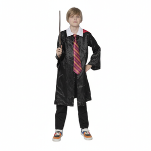 More Than Party Kids Wizard Costume Black Robe Cape Tie Wand One Size 96cm