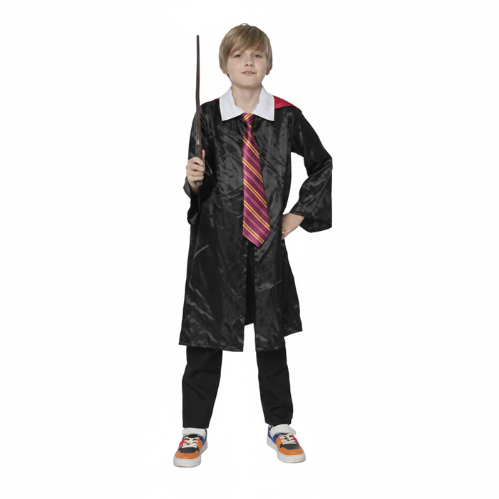More Than Party Kids Wizard Costume Black Robe Cape Tie Wand One Size 96cm