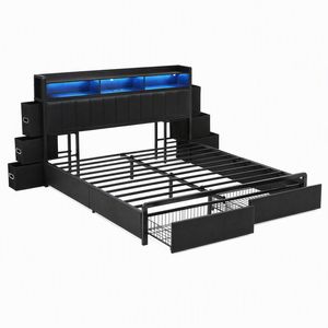 Artiss King Bed Frame with Storage Headboard, 2 Drawers, Charging Station & LED Light Black