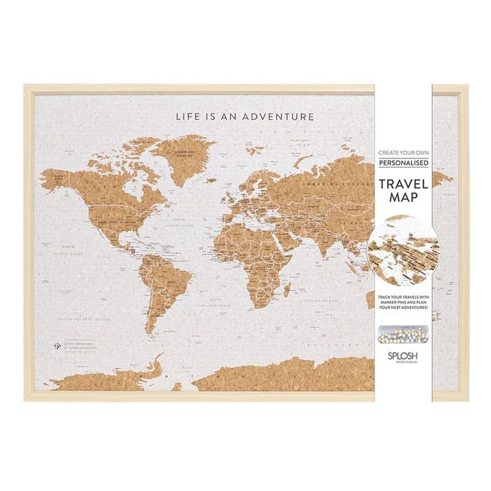 Splosh 93.5cm Travel Framed Cork Board World Map w/ Hook Large