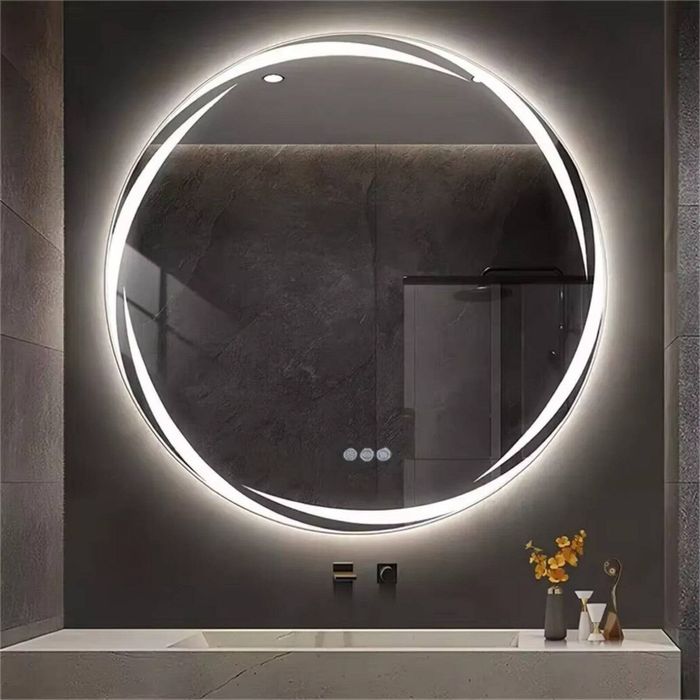OAKORY 80cm Round LED Bathroom Mirror Swirl Style Backlit Dimmable 3-Colour Light Anti-Fog Memory Function