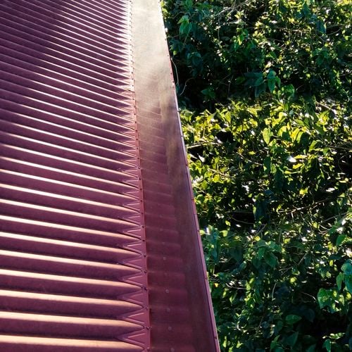 Red colour roof with an installed gutter mesh.