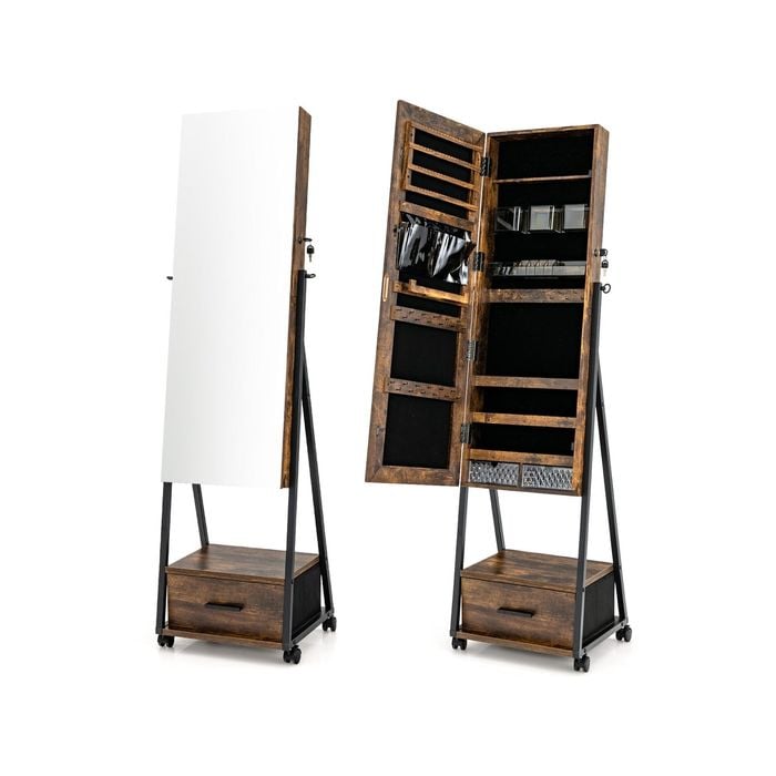 Costway Mobile Mirror Jewellery Cabinet W/drawers Brown