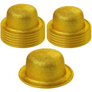 12x GLITTER BOWLER HAT Fancy Party Plastic Costume Cap Fun Dress Up Sparkle BULK Yellow/Gold