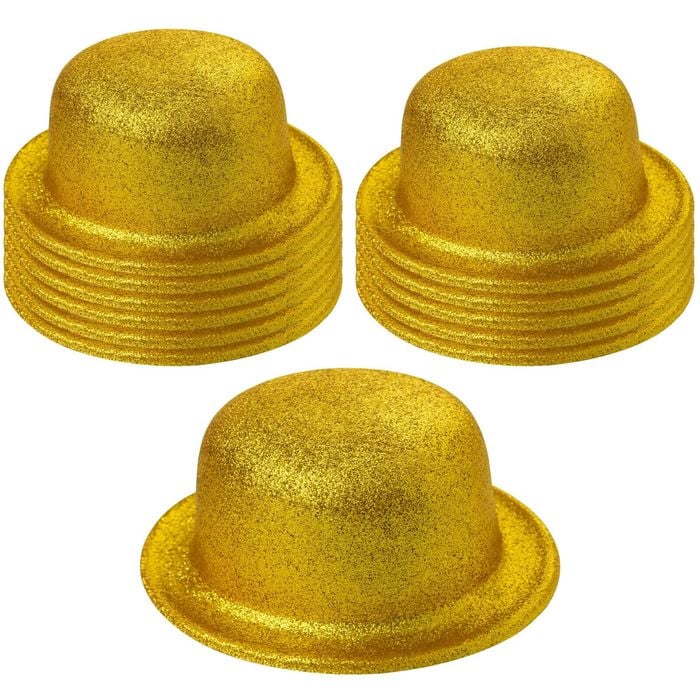 12x GLITTER BOWLER HAT Fancy Party Plastic Costume Cap Fun Dress Up Sparkle BULK Yellow/Gold