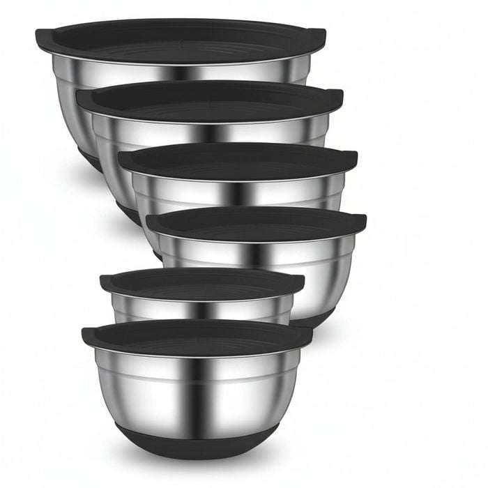 6-Piece Stainless Steel Mixing Bowl Set with Lids and Non-Slip Bottoms