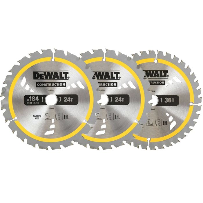 DeWALT 184mm Circular Saw Blades - 3 Pack 2 x 24T/1 x 36T