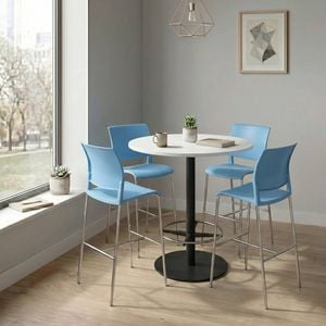 Olg Bar Leaner Bundle: Disc Base 1050mm Round Bar Leaner Black Frame White Top + 4 Game Plain Shell Barstools Aqua