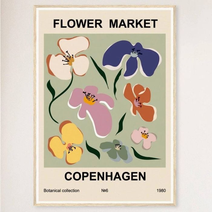 Galrie Flower Market Copenhagen 1980 Art Print - Abstract Floral Poster, Wood Frame, A0 84 x 119cm (33 x 47inch)