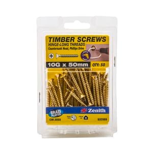 Zenith 10G x 50mm Brass Plated Hinge-Long Thread Countersunk Head Timber Screw - 50 Pack