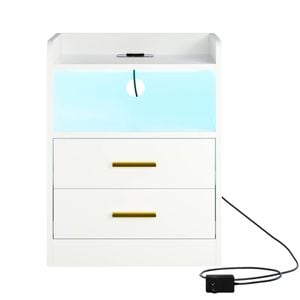 Ufurniture Nightstand with Wireless Charging Station LED Bedside Tables Human Sensor Design End Table with 2 Drawers White