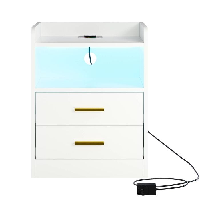 Ufurniture Nightstand with Wireless Charging Station LED Bedside Tables Human Sensor Design End Table with 2 Drawers White