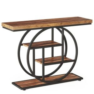 Oakory 105cm Industrial Console Table With Black Circular Metal Base And 4 Tier Shelves In Rustic Brown