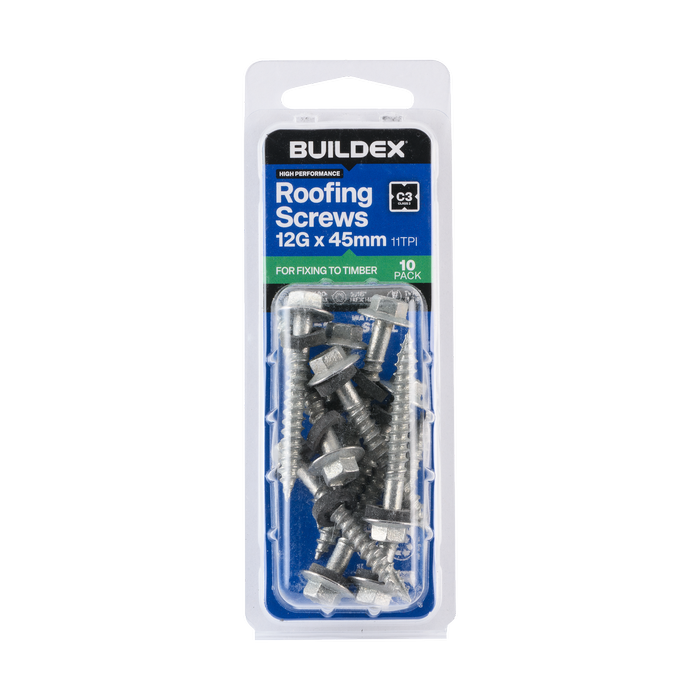 Buildex 12G x 45mm Class 3 Roofing Screws with Seal - 10 Pack