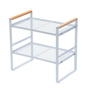 Catzon Counter Organizer Shelf 2-Tier with Wood Handle for Kitchen Bathroom-White(S)